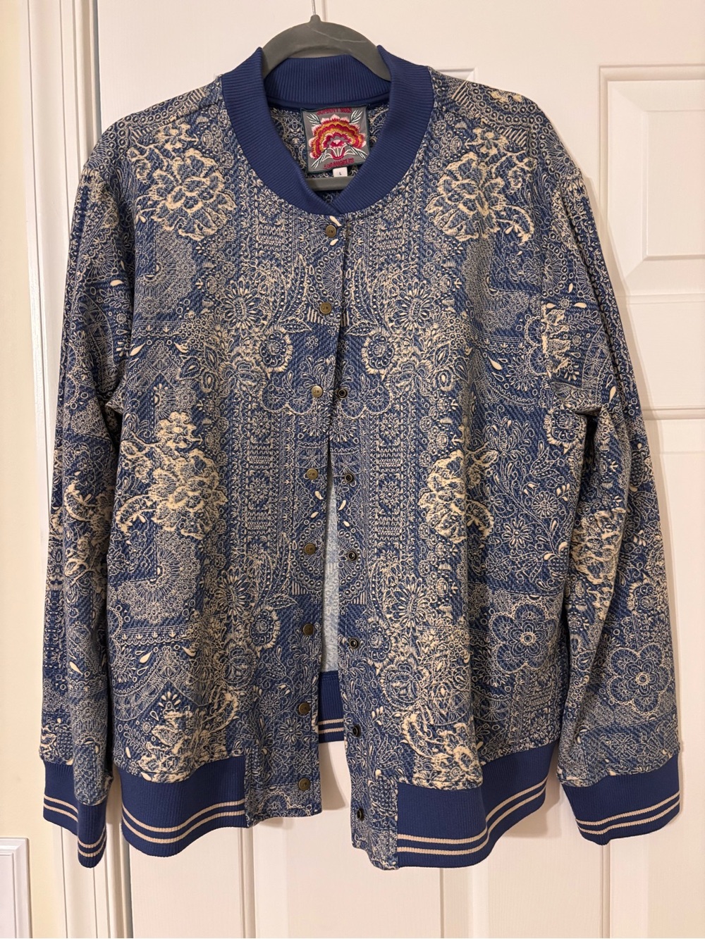 Johnny Was Navy and Cream Paisley-Print Bomber Jacket - NWT